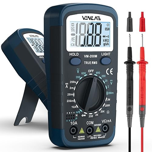 VENLAB Digital Multimeter, Multimeter Tester, True Rms Voltmeter Ammeter Ohmmeter Measures AC/DC Voltage, Current, Resistance, Diodes, Continuity, hFE Transistor with Test Leads & Backlight LCD
