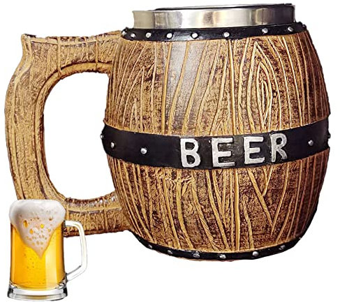 FIYSON Tonneau en Bois Chope à Bière Fait à La Main,450/550ML Chope à Bière en Acier Inoxydable avec Poignée,Résine Grande Chope à Bière en Bois,pour Café/Boisson/Jus de fruits/Party/Home/Bar (450ml)