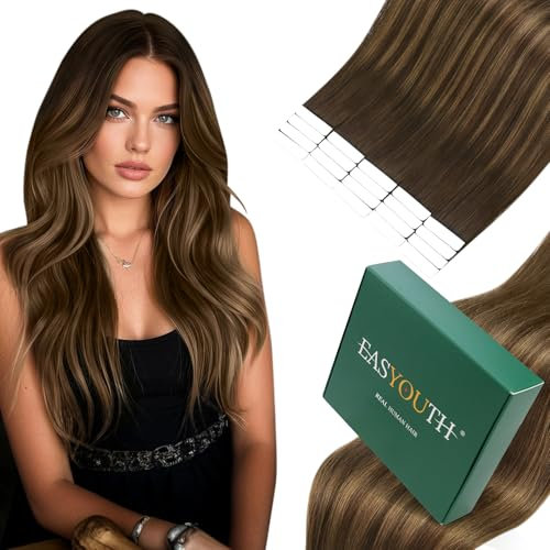 Easyouth Balayage Tape Extensions Echthaar Skin Weft Echthaar Extenisons Tape Dunkelstes Braun Aschbraun und Dunkelstes Braun Invisible Tape Echthaar Extensions 30 cm 30g #2/8/2 20pcs
