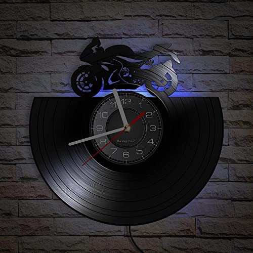 Smotly Vinyl Wanduhr Analog Uhr in Form von Rennmotorrad, mit LED Nachtlicht, Wanddekoration Wanduhr Geschenk