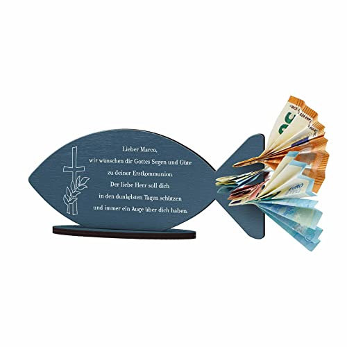 Personalisierter Holz Fisch als Geldgeschenk zur Konfirmation o. Kommunion - Persönliches Geschenk für Mädchen & Jungs - Besondere Geschenkidee und Dekoration zur Taufe Jugendweihe Erstkommunion