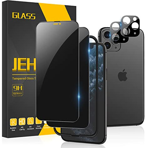 JEHOO Sichtschutz für iPhone 11 Pro Max Panzer Schutz Glas, 2 Spähen Privatsphäre Sichtschutzfolie und 2 Kamera Glasfolie, 9H Härte Blickschutzfolie, Frei von Kratzern Folie, Rahmen-Installationshilfe