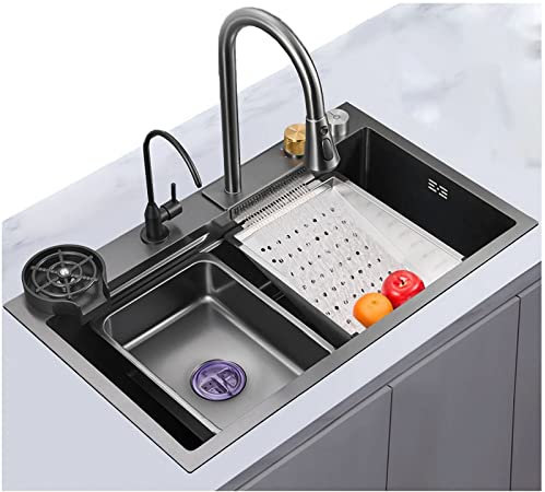 Lavello in Acciaio Inox Lavandino Cucina 1 Vasca Multifunzione Nero 304 Lavello a Cascata Cucina con Gocciolatoio e Lavabicchieri Lavandino Lavabo Cucina (Size : 800x450x210MM)