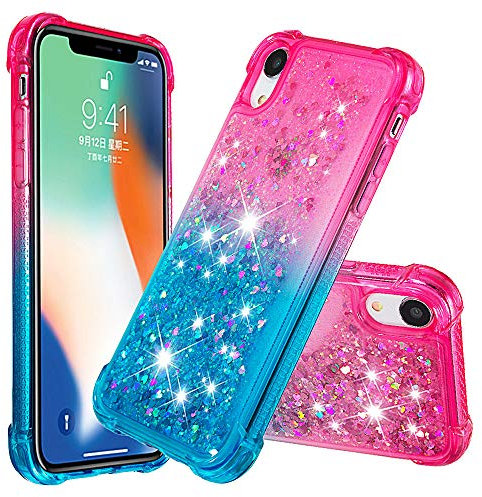 QIWEIQING Compatible for Glitter Liquid Case for iPhone X/iPhone XS, Sparkle Sequin Floating Quicksand Solid Love TPU Shockproof Protective Cover for iPhone X/iPhone XS.Pink Blue YBJ