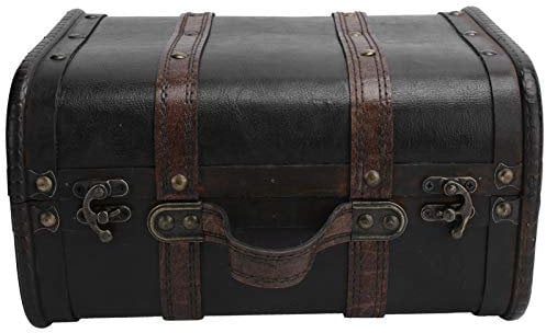 BORDSTRACT Retro Suitcase, Vintage Wooden Suitcase with Buckle Lock, Earring Necklace Organizer Case, Antique Treasure Storage Chest with Leather Trim, Home Decoration Photography Props(Large)