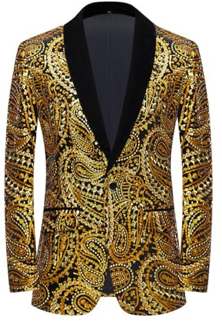 PYJTRL Giacca da Uomo con Paillettes Lucide Giacca Classica da Abito Floreale Moda, Adatta per Feste, Matrimoni, Banchetti, Balli,Gold,S