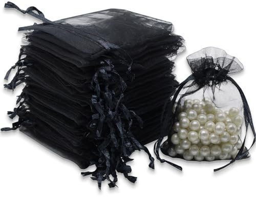 Leeyunbee 100 Stück Schwarz Organzasäckchen 7 x 9 cm Organzabeutel, Säckchen Geschenk Schmuck Hochzeit Bonbonsbeutel Für Festival Party und Hochzeit, Satin-Kordelzug
