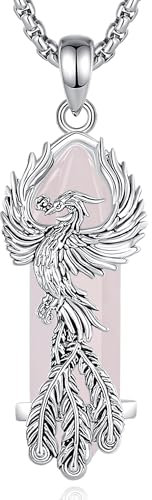 CELESTIA Damen Phoenix Kette mit Anhänger Versilbert Phönix Vogel Halskette mit Erstellter Rosenquarz Kristall Schmuck Frauen Geburtstagsgeschenk für Frauen Besondere Geschenke