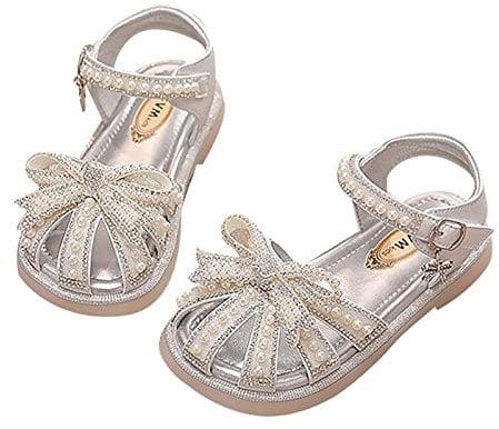 Kids Sandals Closed Toe Summer Girls' Sandals Korean Edition Little Girls' Pearl Open Toe Shoes Little Medium And Big Children's Performance Shoes Kids Sandals Boys (X1-Silver, 12.5 Little Child)
