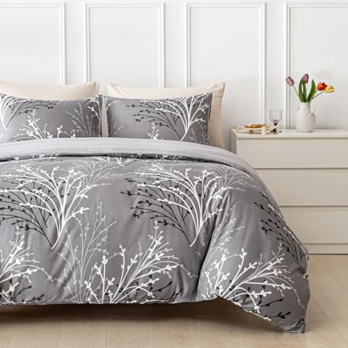 Tokokimo Parure de lit double 3 pièces, réversible, en microfibre douce, avec housse de couette de 200 x 200 cm, et taies d'oreiller, facile d'entretien, imprimé gris/fleurs