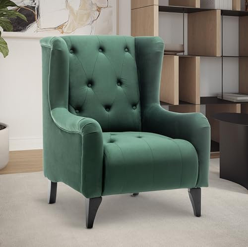 House Of Velvet Wingback Tufted Chair – High Back Accent Chairs, Bottle Green Color, Tufted Chair, Wingback Armchair For Sale, Victorian Chairs, Velvet Upholstery, Comfortable Unique Design
