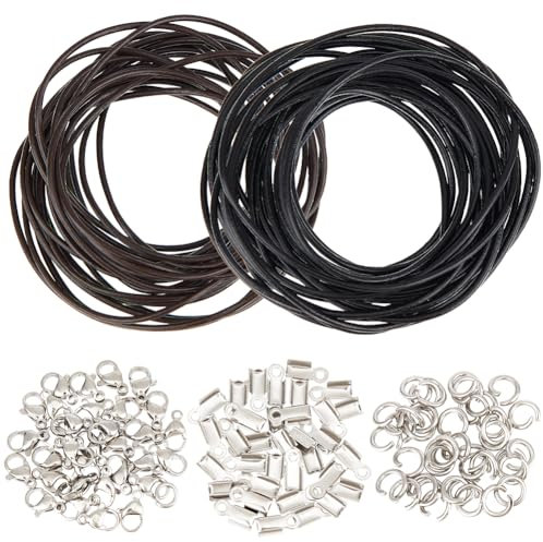 SUNNYCLUE 10M Leather Necklace Bracelet Making Kit - DIY Jewelry Kit for Adults - Black, Brown Leather Cord - 150pcs Stainless Steel Findings - Non-Foldable