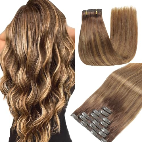 GUDOZO clip in extensions echthaar Schokoladenbraun mit Karamellgold 7pcs 40cm 120g Echthaar extensions clip Nahtlose Echthaar Clip-In Volumen Damen