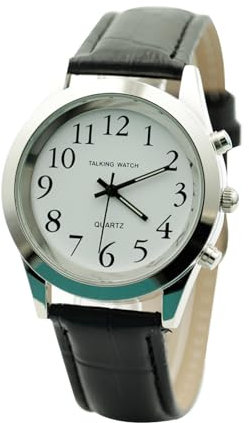 Hailiky English Talking Watches Quartz Watch Black Leather Band for Blind Person Visually Impaired or The Elderly