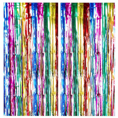 Drucilla 2 Stück Lametta Vorhang, Glitzervorhang Lametta, Folien Fransen Lametta Vorhänge, Glitzer Tinsel Curtain für Geburtstag, Party, Hochzeit Deko, 1m x 2m, Regenbogen