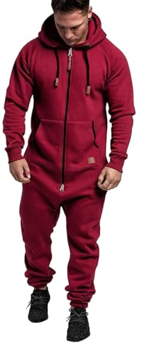 Mens Jumpsuit Onesie Rompers Drawstring Hooded,Zip Up One Piece Pajamas,Jogger Sweatsuit,Overall Romper (Red,S)