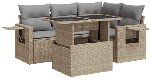 vidaXL 5-TLG. Garten-Sofagarnitur mit Kissen Beige Poly Rattan