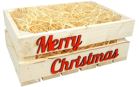 GoodFreshDecor Holzkiste Weihnachten Kiste Korb Adventskiste 30 x 20 x 12 cm Deko Holz Mit Holzwolle Geschenkkorb Adventskalender Gesteck Kiefernholz Naturfarbe Merry Christmas