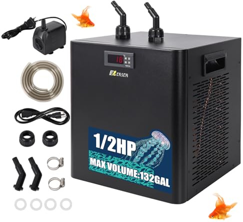 Ezcasch 500L Wasserkühler Aquarium 368W Aquarium Kühler,Kühlsysteme für Fischbecken Aquaponic Garnelen Axolotl inkl. Schlauch und Haltering