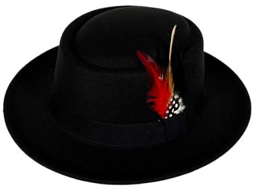 Qianderer Fedora-Hut für Herren und Damen, klassischer Manhatta-Fedora-Hut mit Federband, kurze Krempe, Filz, 57–58 cm, Schwarz , Einheitsgröße