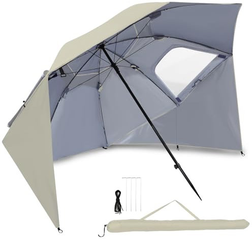 Fiqops Sonnenschirm Strandmuschel 2 in 1 Ampelschirm für Strand Garten, UV50+ Sonnenschutz für 2-4 Personen, faltbar multifunktional, mit Fenster und Tragetasche Ø210x220cm, Khaki