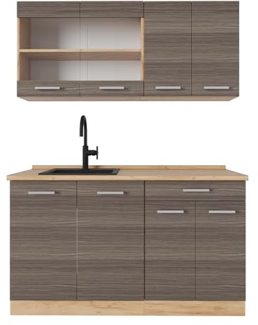 Vicco Singleküche R-Line, Edelgrau/Goldkraft Eiche, 140 cm ohne Arbeitsplatte
