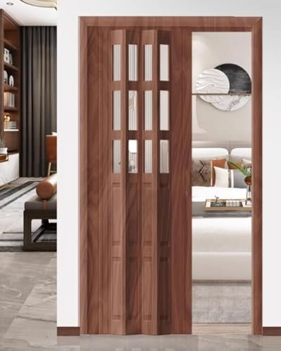 Puerta plegable de PVC y acrílico de tamaño personalizado para armario/cocina, pasillo, despensa, puerta corrediza con asa, color marrón, 86 x 101 cm, solución ideal para ahorrar espacio