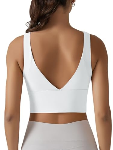 IDOPIP Sport BH Damen: Starker Halt Nahtloser BH Ohne Bügel Yoga Bra - Push up Crop Tops Elastic Wohlfühl Bügelloser Soft Fitness Lauf Joggen Tief V Rücken Bustier Große Größen weiß S