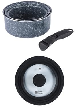 Russell Hobbs Smart Clip 4-Piece Saucepan Set – 16/18/20 cm Cooking Pots with Clip-On Stay Cool Handle, Stackable Design, Easy Storage, Oven Safe, Non-Stick, Universal Glass Lid Included