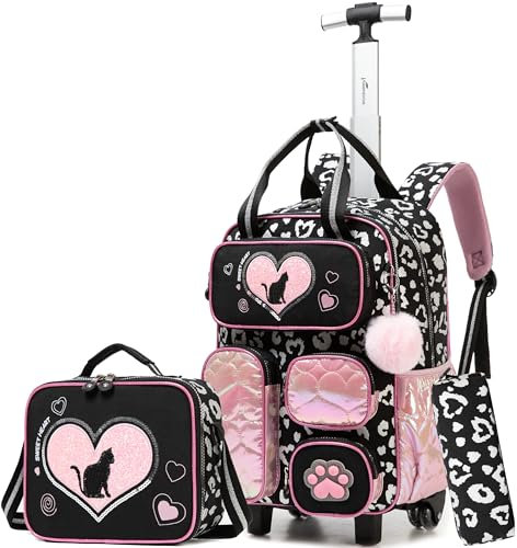 HTgroce Cartable a Roulette Fille, Cartables Scolaire Trolley Bag Sac à Dos avec roulettes Cartable Ensemble de Sac de Voyage pour L'école