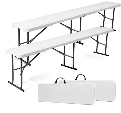 Sekey 2er Set Kunststoff Klappbank Bierbank 182 x 28 x 43 cm, Faltbar Biergarten Campingbank Gartenbank Klappbar Bierbänke Sitzbank bis 300kg Belastbar, Weiß