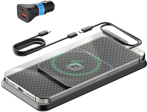 Wireless Car Charging Pad, Reestecqi 15W Wireless Car Charger Mat Non Slip Charging Pad with 30cm Cable & 70cm Extension Compatible with iPhone 16 Pro/15/14/13, AirPods, Samsung, Google