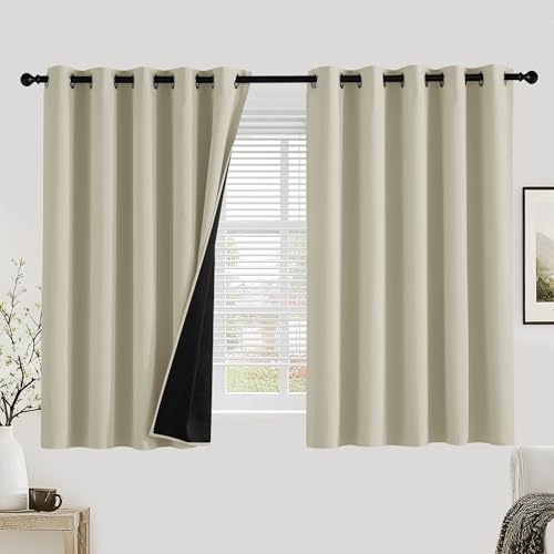 PONY DANCE 100% Blackout Curtains for Bedroom - Thermal Full Blackout Eyelet Curtains & Drapes Heat and Light Blocking Panels for Living Room with Black Liner 2 Pcs, 66 x 54 Inch, Light Beige