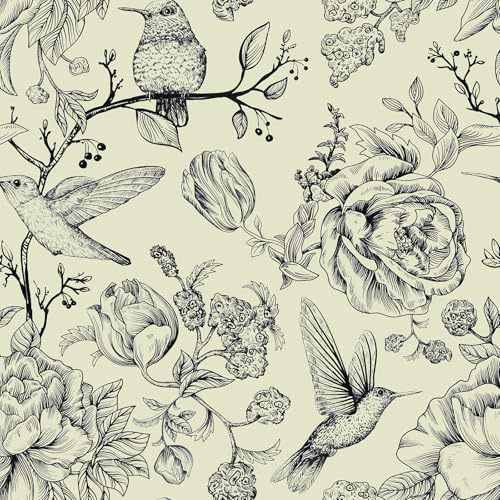 VEELIKE Papier Peint Fleuri Beige Papier Peint Oiseaux 44,5 cm × 300 cm Papiers Peints Tropical Adhesif Mural Decoratif Chambre Salon Stickers Salle de Bain Imperméable Revetement Mural Couloir
