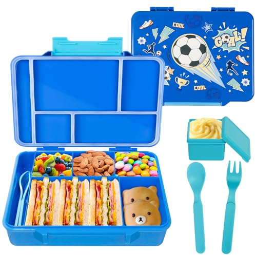 PinkSheep Brotdose Kinder 1300ml Bento Lunch Boxen, BPA-freie leckagesichere Kinder Lebensmittelbehälter mit 5 Fächern, zurück zu Schulschülern Daycare Lunches/Snack Container (Fußball)