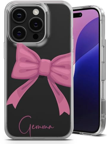 Personalised Phone Case for iPhone X/XS - Clear Soft Gel TPU Cover Cute Pink Ribbon Design Style With Your Own Name Text - Large Bow Name
