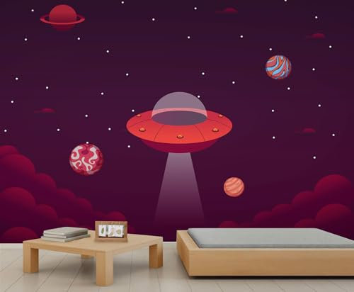 YEMYOR Raumschiff-Planeten-Wandbild mit roter Weltraum-Planeten-Tapete, Cartoon-Universum-Planetens, Wandbilder, abstrakte Weltraum-Tapete für Kinderzimmer-200x140cm