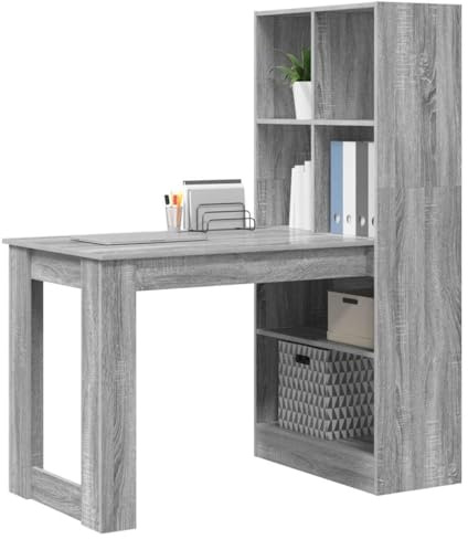 vidaXL Sonoma Grey Desk, Made of Reconstituted Wood, Measures 122 x 67 x 145 cm. It has plenty of storage, a smooth finish, and a modern style. It is a freestanding cabinet, super simple to my