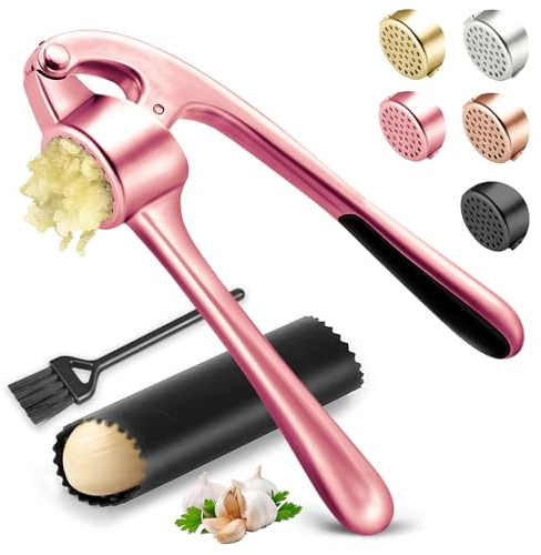 Kitchen Garlic Press, Rust Proof & Dishwasher Safe Garlic Mincer, Durable Garlic Crusher Set with Peeler&Brush, Easy to Clean and Squeeze, Rose