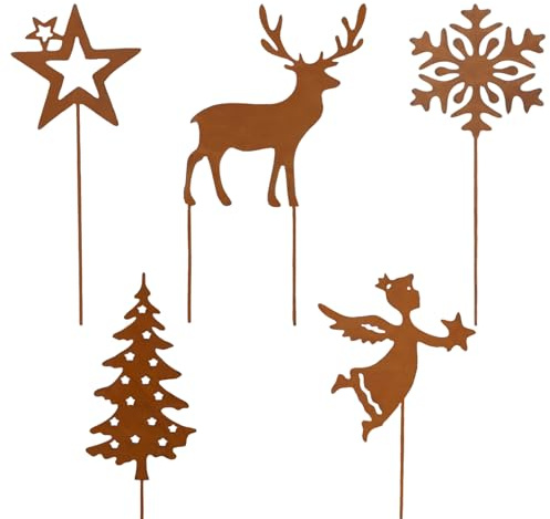 Joxessaien 5 Stück Weihnachtsdeko rost, 5 Stile Gartenstecker Rost Weihnachten, Weihnachtsgesteck für Draußen, Adventskranz Weihnachtskranz