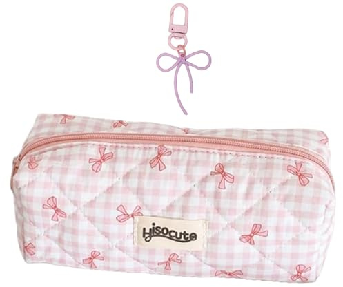 SSKHE Trousse Rose avec Jolis Porte-clés Nœud, Grande Capacité Trousse à Crayons, Scolaire Kawaii, Maquillage Trousse de Toilette Multifonction Filles Adolescentes et Femmes Enfant
