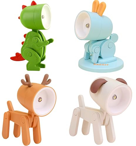 NIWWIN Kinder LED Nachtlicht Set, 4 Stück, Niedliche Tier-Designs, Dinosaurier, Hase, Rentier und Hund, Tischlampe