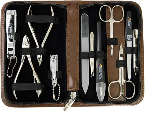 DREI SCHWERTER - Germany 10-tlg. Reiseset 'Spezia' | Nagelpflegeset in braunem Kunstlederetui | Inhalt: Nagelschere, Hautschere, Nagelzange, Pinzette, Glasnagelfeile uvm