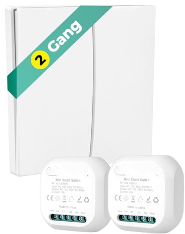 Funkschalter 230V 2Gang+2 Funk Lichtschalter Aufputz Set 2-Kanal Kabellose Funkschalter mit 2 Empfänger Batterielos Funklichtschalter mit Fernbedienung bis 200m Wandschalter für Licht bis 1000W