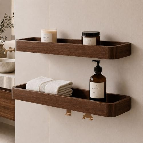 Jugen Bathroom Shelf Wall Mounted – Solid Black Walnut Shower Shelf, No Drill Adhesive or Screw Mount, Premium Bathroom Storage for Shampoo & Toiletries (2, 2pcs Shower Shelf + Shower Hooks)