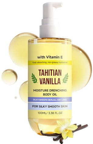 Tahitian Vanilla Body Oil, Moisture Drenching Serum, Moisturising Body Oil with Vitamin E, Fast-Absorbing Vanilla Body Oil for Dry Skin, Protects & Soothes Dryness, Lightweight & Non-Greasy - 100ml