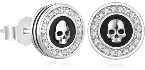 KRKC&CO Ohrstecker Männer, Ohrringe Schwarz, Herren Ohrringe Silber 925, Nickelfrei & Wasserdicht, 9mm, für Urban Streetwear Enthusiasten, Vollbesetzter Totenkopf