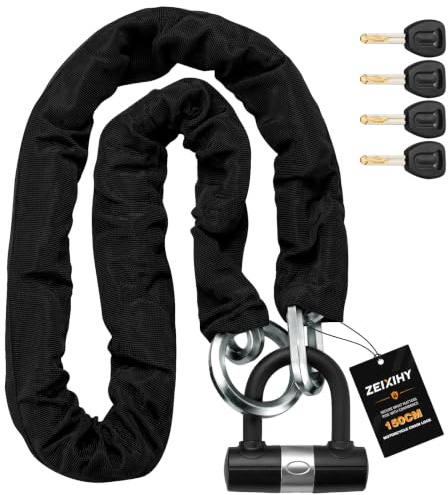 ZEIXIHY Catena Antifurto Moto 12 mm in Acciaio Temprato con Lucchetto a U e 4 Chiavi, Catena di Sicurezza per Moto, E-Bike, Scooter e Bicicletta, 150 cm – Argento