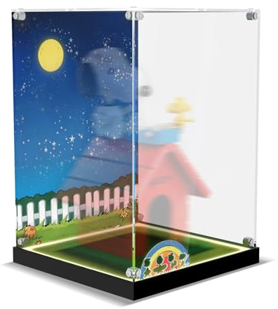 LED-Acryl-Vitrine kompatibel mit Lego 21368 Peanuts: Snoopy's Doghouse – Comic-Themen-Box mit Licht & doppelseitigem UV-bedrucktem Hintergrund, staubdichte Vitrine für Desktop-Dekor (kein Modell