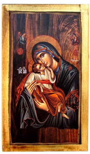H2 Handgefertigte christliche, griechisch-orthodoxe Ikone mit der Hl. Jungfrau Maria und Jesus Christus, aus Holz